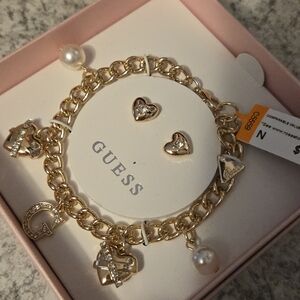 GUESS Gold-Tone Heart Charm Bracelet with Pearl Drops